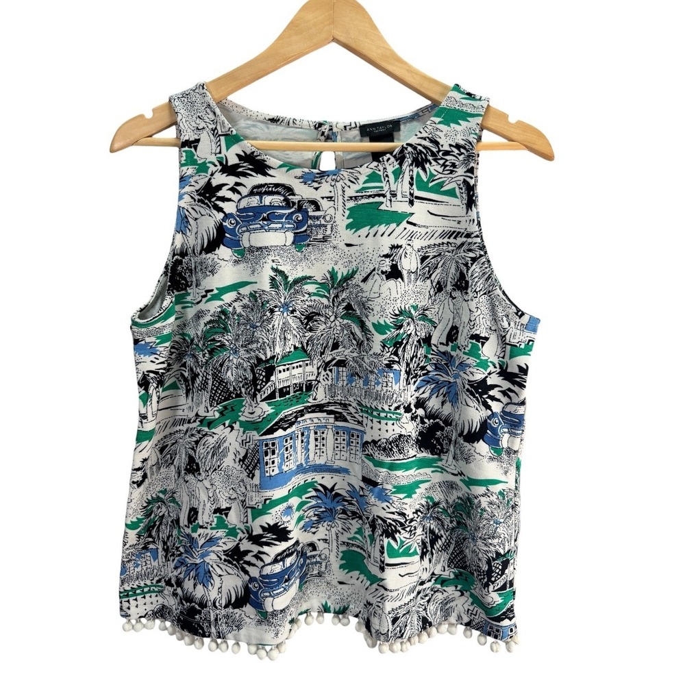 Ann Taylor Tank Top Womens M Tropical Print Coastal Pom Pom Hem Keywhole Back - Picture 1 of 9